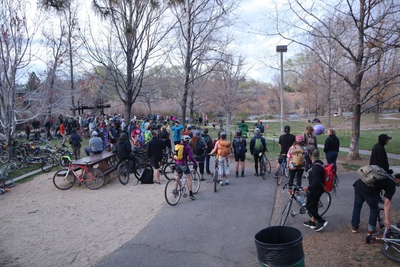 Scalley Cat participants gather at a park for a sunset technical obstacle course as part of the 2022 event in Reno, Nev.