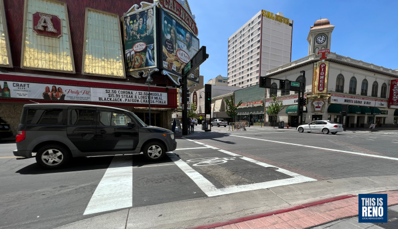 This bike box at Second and Virginia streets was the scene of an accident soon after it was added to the street. Cars are supposed to stop before the wide white line. City officials said the box will be painted green. Image: Bob Conrad / This Is Reno, May 23, 2022.