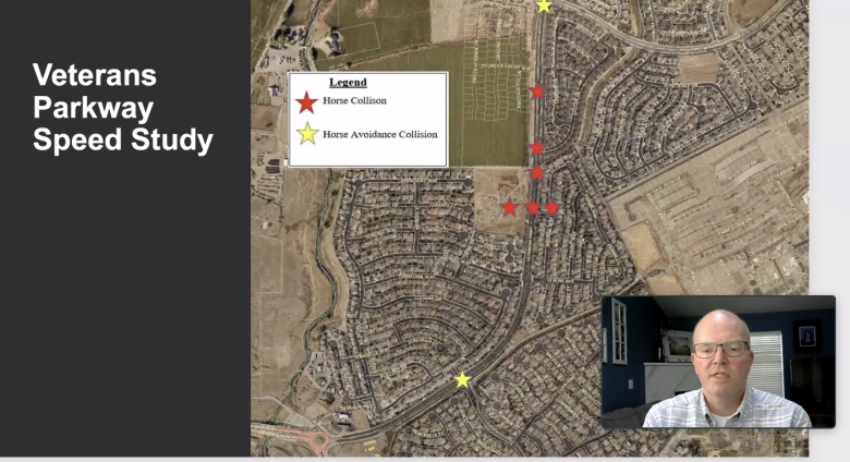 City of Reno Public Works Director John Flansberg discusses horse collision locations in southeast Reno. Image: Zoom presentation screen grab, May 16, 2022.
