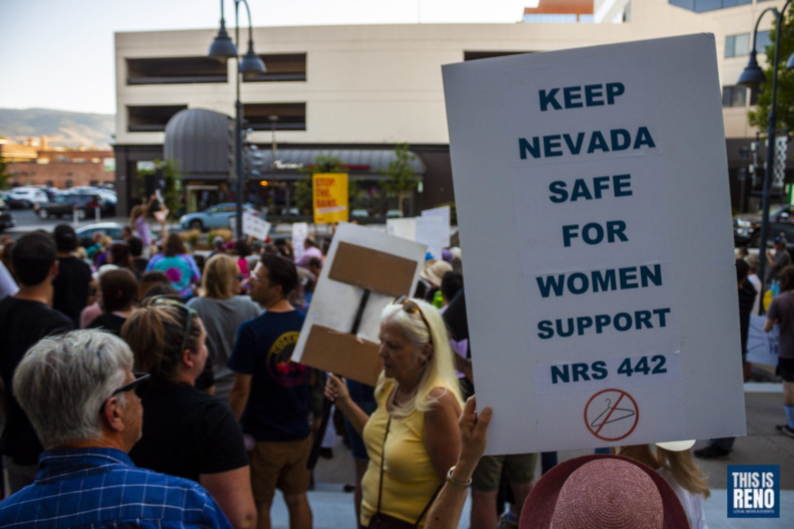 Demonstrators fill South Virginia Street in front of the Federal Courthouse to protest the U.S. Supreme Court ruling striking down Roe v. Wade on June 24, 2022 in Reno, Nev.