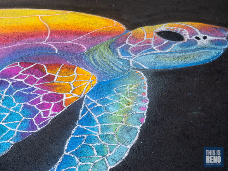 A sea turtle created as part of the Chalk Art Festival at Atlantis Casino Resort Spa in Reno, Nev. on July 10, 2022.