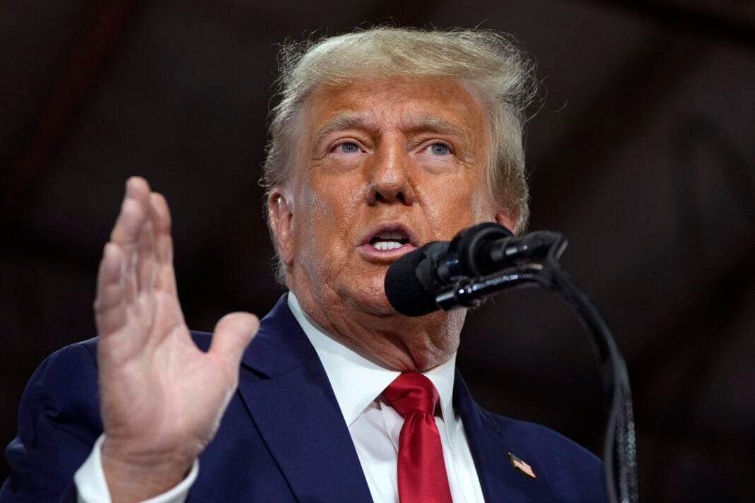 FILE - Former President Donald Trump speaks during a commit to caucus rally, Monday, Oct. 16, 2023, in Adel, Iowa. Trump is scheduled to speak at a commitment to caucus event in Nevada on Saturday, Oct. 28. (AP Photo/Charlie Neibergall, File)