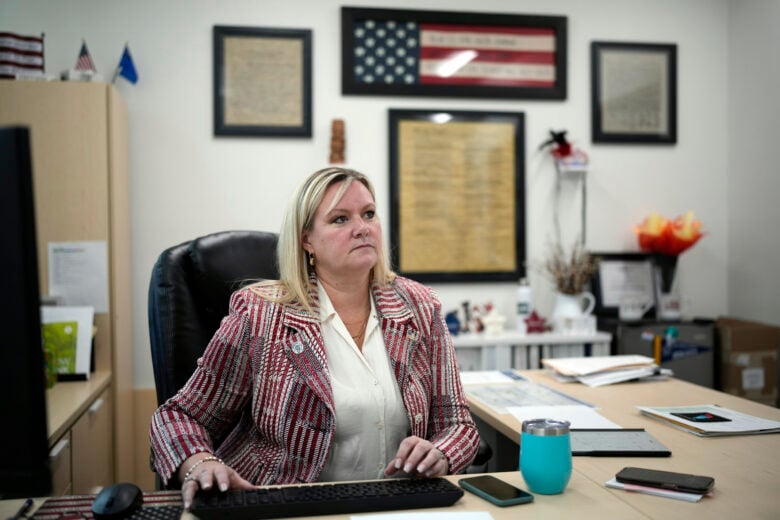 Cari-AnnBurgess, interim Registrar of Voters for Washoe County, Nev., sits in her office Sept. 20, 2024, in Reno, Nev. (AP Photo/John Locher)