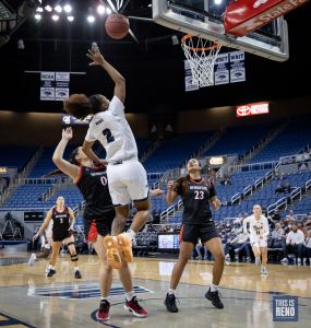 Da’Ja Hamilton led the Wolf Pack with 18 points in Nevada’s 58-46 victory vs SDSU on January 19, 2022 at Lawlor Events Center (Mike Smyth / This is Reno)