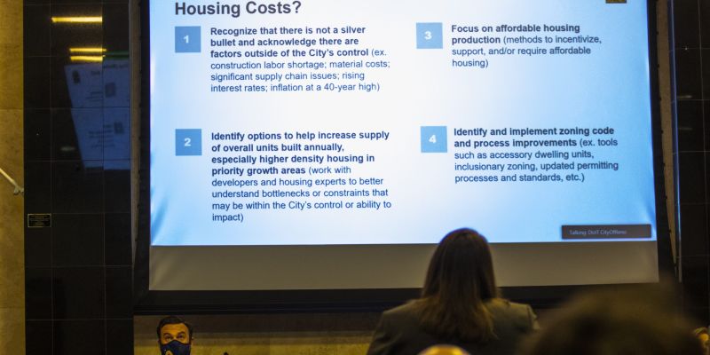 A slide on housing affordability during a meeting on affordable housing Feb. 22, 2022 in Reno, Nev. Image: Ty O'Neil / This Is Reno