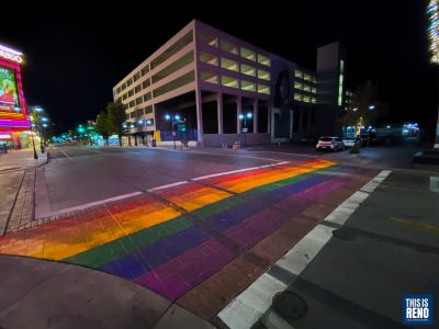 The City of Reno's Pride crosswalk was damaged within a day of being painted on June 8, 2021. Image: Eric Marks / This Is Reno