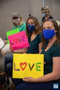 UNR professor Jenna Dewar (right) provided public comment in support of social justice curriculum at the Washoe County School District Board of Trustees meeting June 8, 2021. Image: Eric Marks / This Is Reno