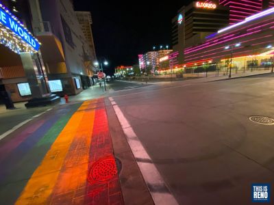 The City of Reno's Pride crosswalk was damaged within a day of being painted on June 8, 2021. Image: Eric Marks / This Is Reno