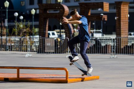 A skateboarder uses the flat rail terrain feature recently placed in City Plaza on Nov. 11, 2021 in Reno, Nev.