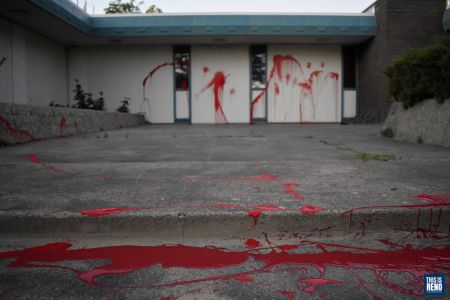 Red paint was splashed outside Sparks City Hall in the early morning July 15. Image: Lucia Starbuck