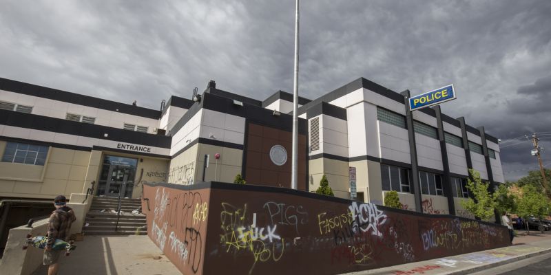 Vandalism at the Reno Police Station after a crowd of protesters left the area. Image: Trevor Bexon