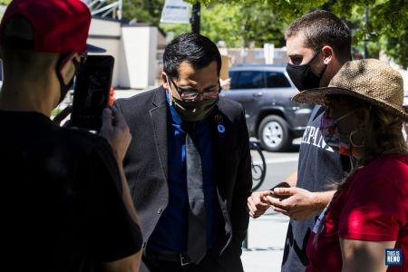 Assembly member Edgar Flores (D-Las Vegas) ventured out of the capitol to speak with Black Lives Matter supporters. Image: Ty O'Neil