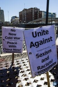 Demonstrators gather at City Plaza in Reno, Nev., for the National Day of Action against anti-Asian violence and China bashing on March 27, 2021. Image: Ty O'Neil / This Is Reno
