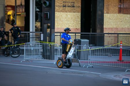 A Downtown Ambassador rides toward peaceful protesters June 3 near City Plaza. Image: Eric Marks