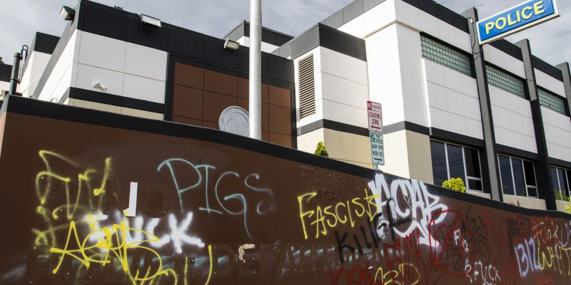 Rioters vandalized the Reno Police Department's headquarters. Image: Ty O'Neil