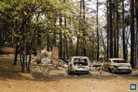 A home and vehicles destroyed as the Dixie Fire swept through northern California on July 31, 2021.