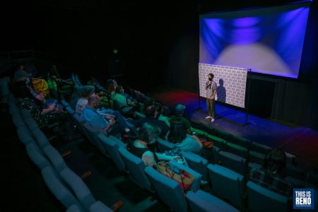 A film festival representative speaks to the filmmakers and attendees about the films at the Reno Comedy Film Festival on Sept. 19, 2021 at Reno Little Theater in Reno, Nev. Image: Eric Marks / This Is Reno
