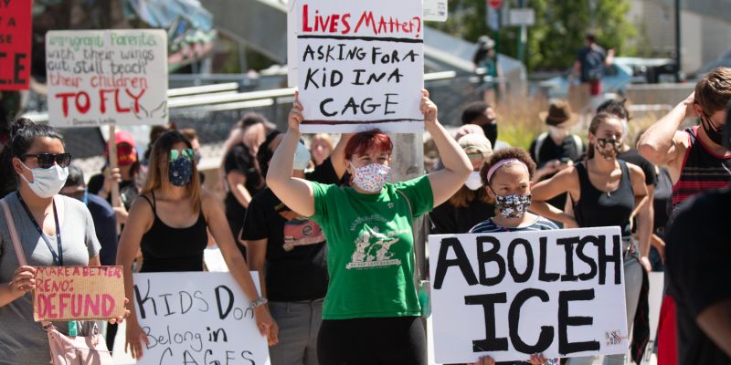 Anti-ICE protesters gather in downtown Reno. Image: Isaac Hoops
