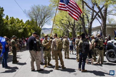Armed protesters in military-style attire gather to protest in Carson City May 2.