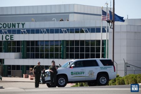 Washoe County Sheriff's deputies outside the jail during a peaceful protest against ICE, July 11, 2020. Image: Trevor Bexon