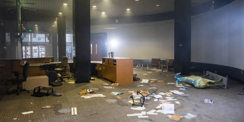 The lobby of City Hall after rioters broke in and ransacked it. Image: Ty O'Neil