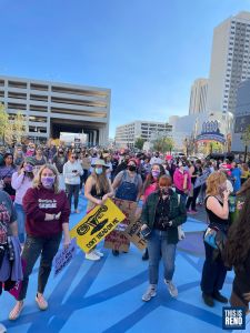 A crowd of mostly women gathered to support abortion rights and protest against recent state laws in Texas, Mississippi and elsewhere that limit a woman's right to choose, on Oct. 2, 2021 in downtown Reno, Nev.