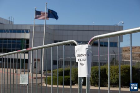 Fencing and signage outside the Washoe County Sheriff's Office during a peaceful protest against ICE, July 11, 2020. Image: Trevor Bexon