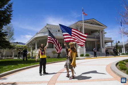 Protesters outside the Governor's Mansion in Carson City during the Minutemen Protest May 2, 2020. Image: Ty O'Neil