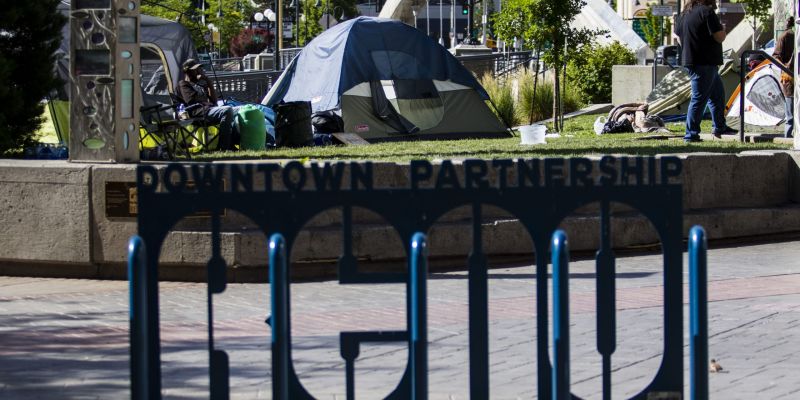 Advocates protested homeless camp sweeps at City Plaza on June 7, 2021.