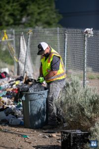 A private clean-up crew was hired by NDOT to remove a homeless camp near Interstate 80 on June 2, 2020. Image: Eric Marks