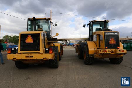 City of Reno had front end loaders ready to demolish a homeless encampment near the Wells Avenue overpass on May 20, 2021 in Reno, Nev.
